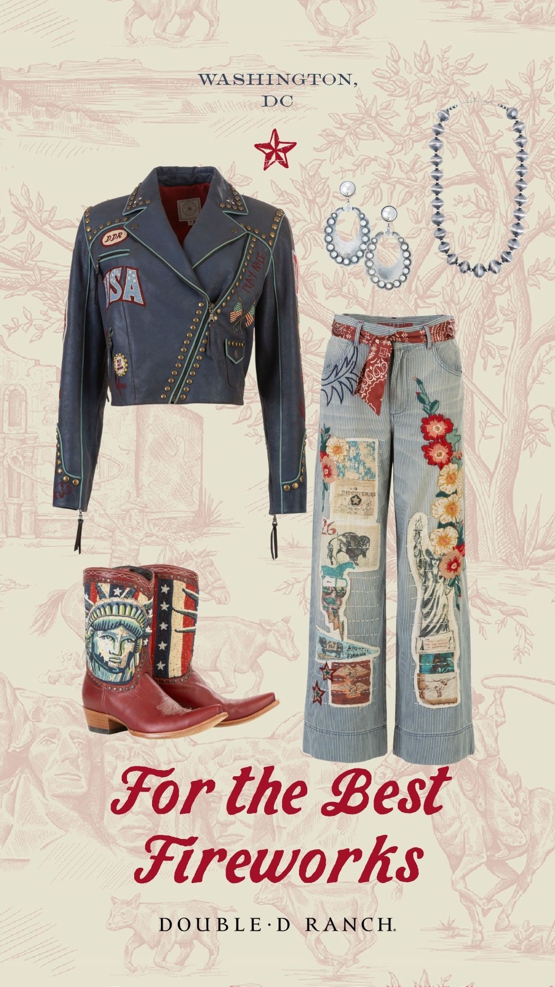 Lady Liberty Biker in indigo with the We Salute Pants, Lady Liberty Boots, and Double D Ranch Jewelry.