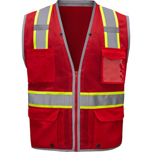 Red safety vest with reflective stripes and multiple pockets.