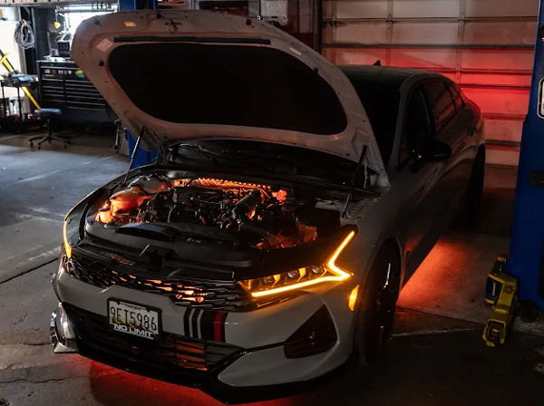 Garage amber LED engine bay underglow grey Kia K5 hood open Nicollette's 2022 K5 Conductor's Special 232 HornBlasters gallery photo 3