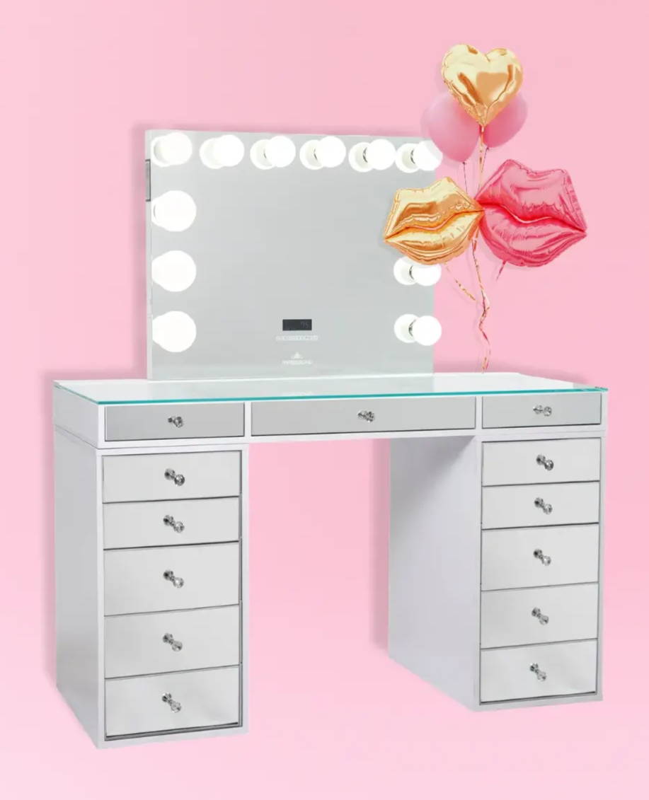 the slaystation plus 2.0 mirrored table and vanity mirror and 5 drawer bundle