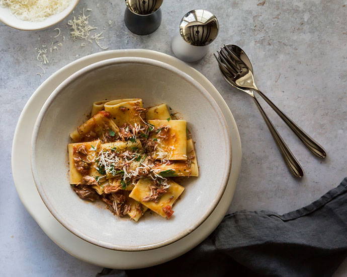 Slow Cooked Duck Ragu with Paccheri Pasta