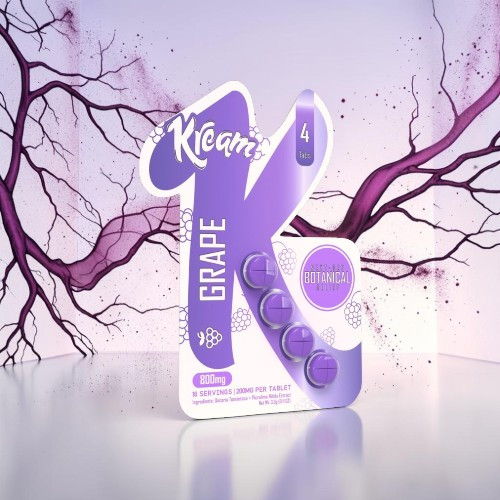 Purple grape-flavored product packaging with a decorative background.