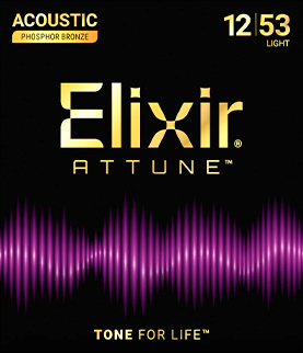 Elixir Attune acoustic guitar strings packaging, 12/53 light gauge.
