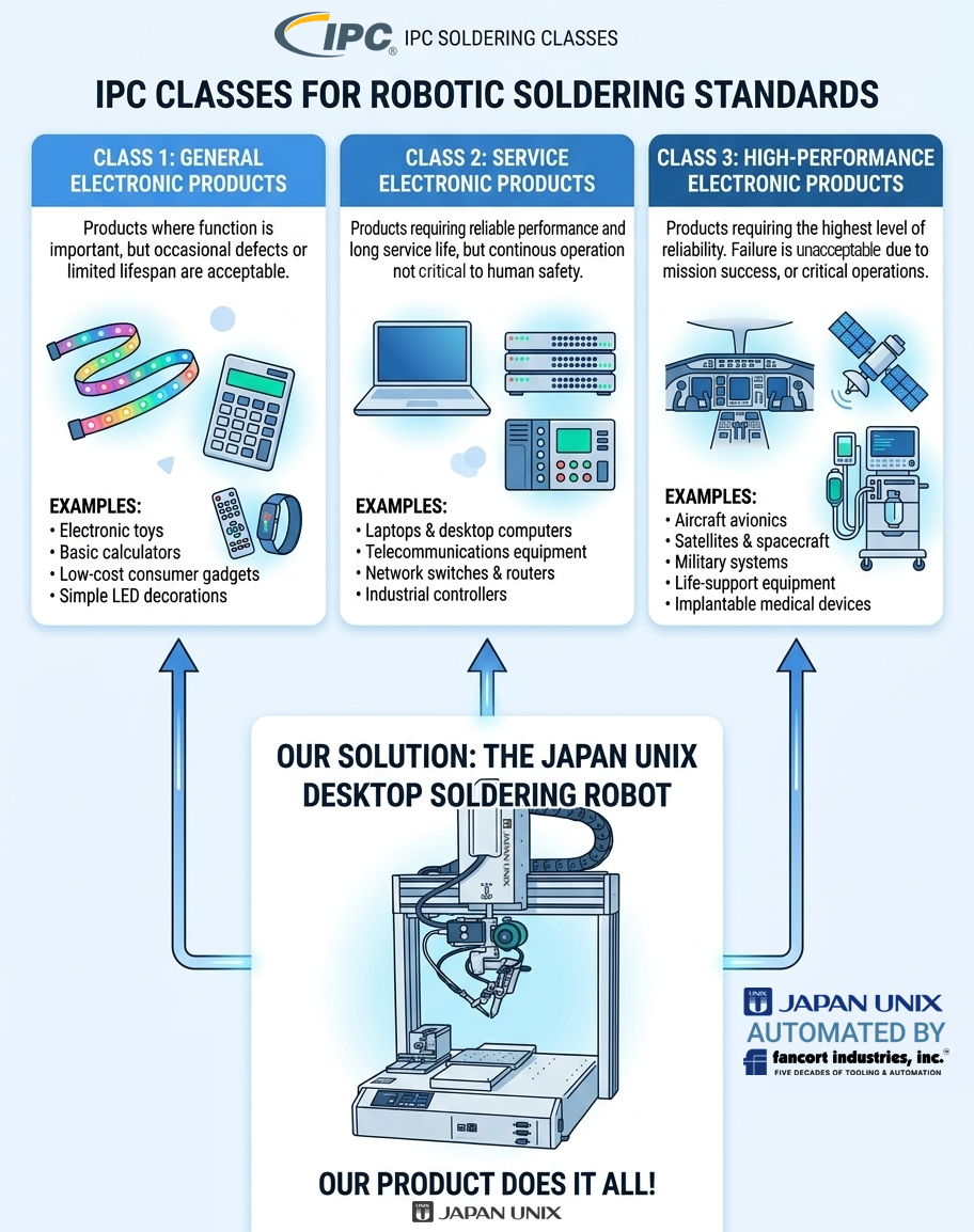 Comparison of IPC Class 1, Class 2, and Class 3 electronic products, including consumer electronics, industrial and telecommunications equipment, and high-reliability aerospace, medical, and military systems.