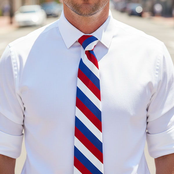 Man outside wearing a red, white and blue striped tie with white dress shirt and sleeves rolled