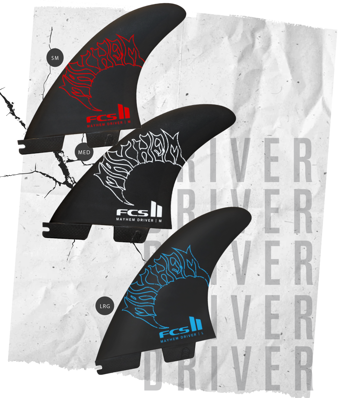 Three surfboard fins with unique designs on a textured background.