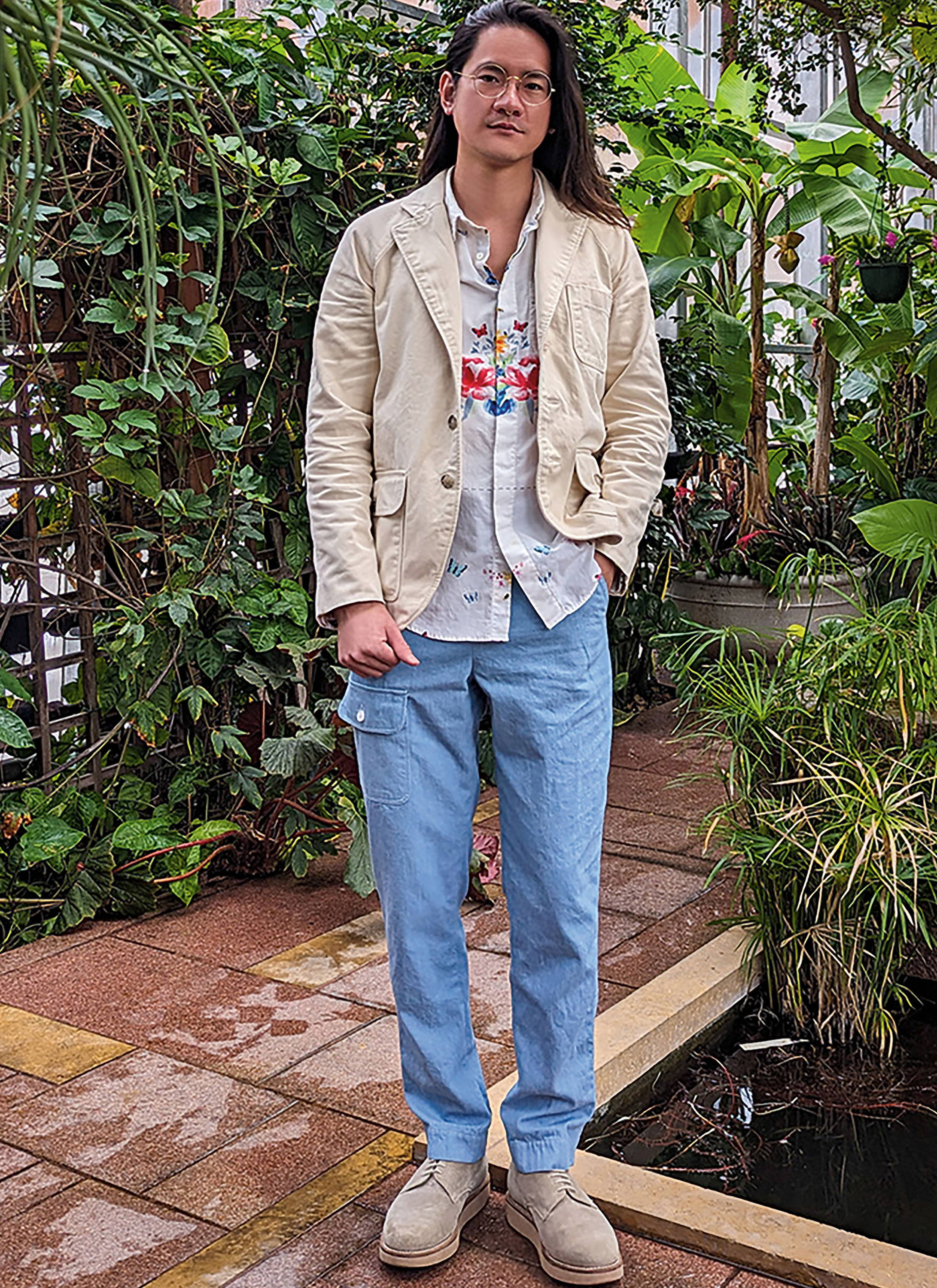 Male model in beige blazer and jeans