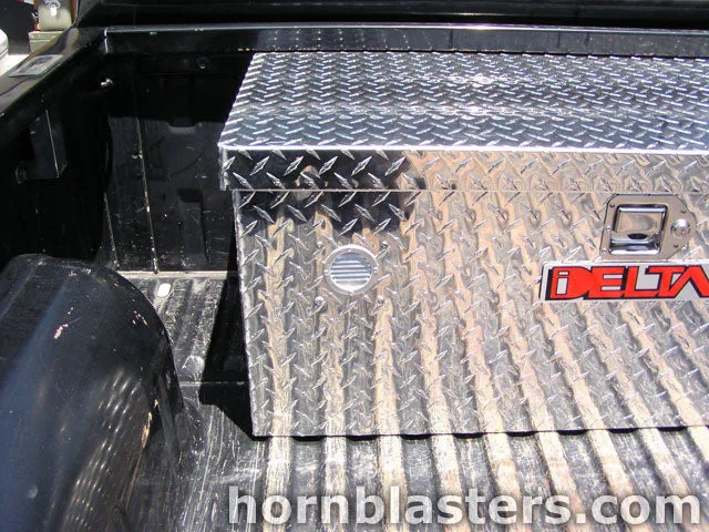 Close-up hardware shot of brackets airlines and fasteners on Leigh's Nissan Frontier horn installation photo 8