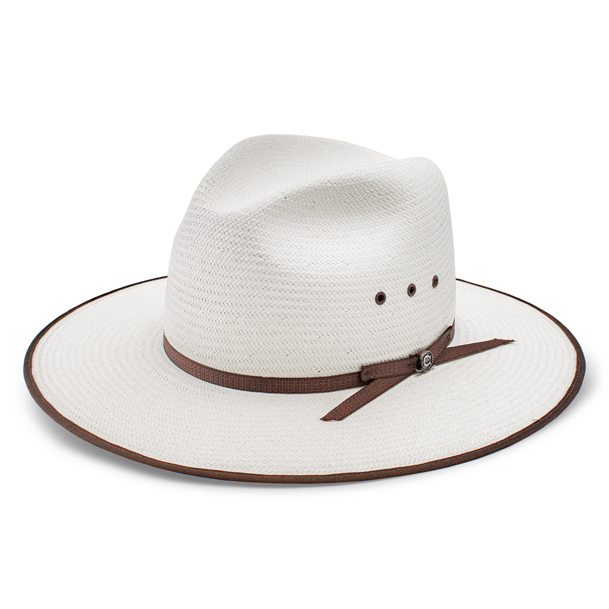 White cowboy hat with a brown band and decorative details.