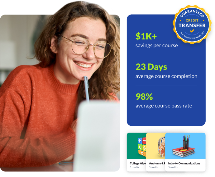 Smiling woman studying with statistics and resources for online courses.