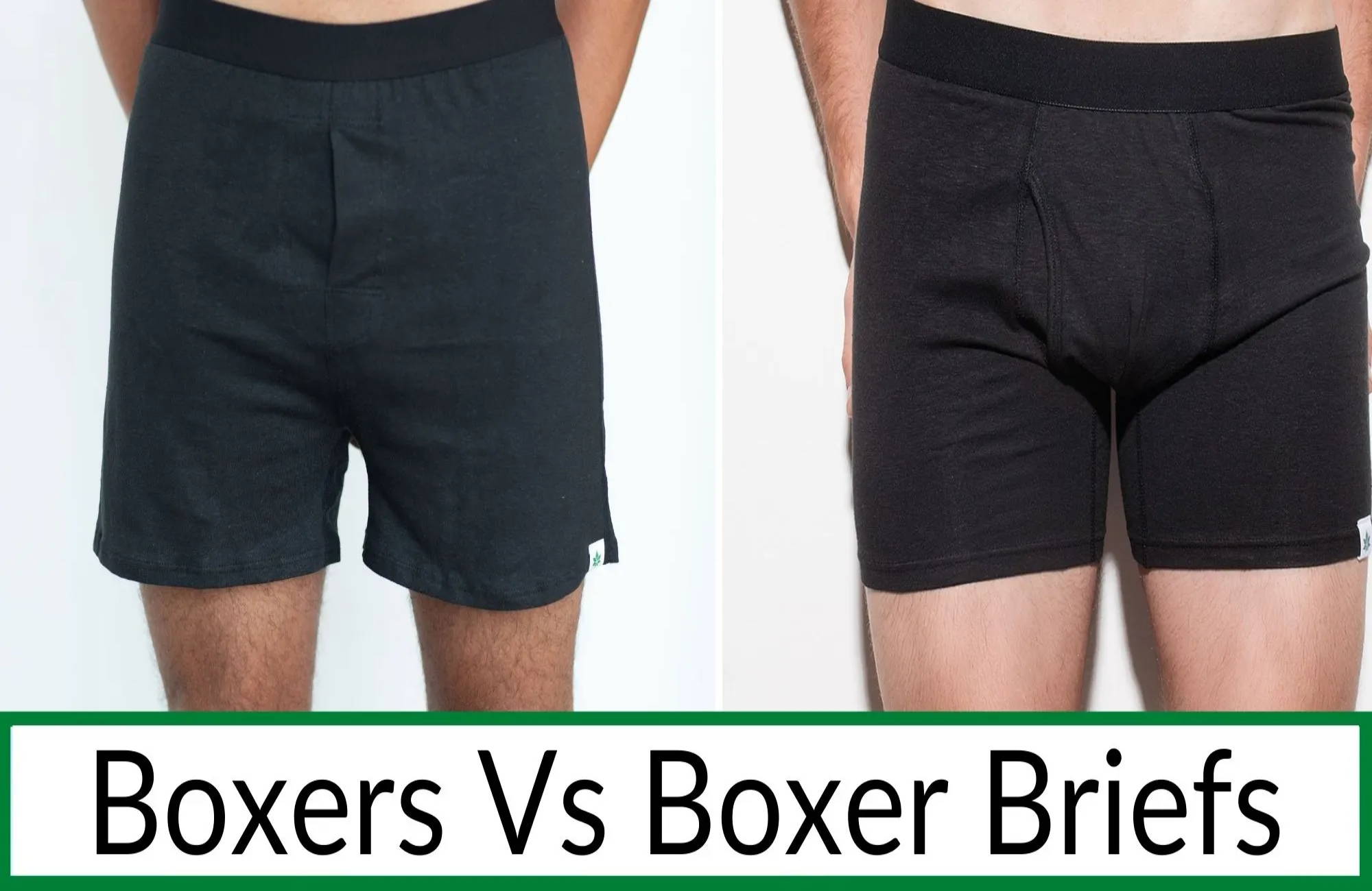 Two men stand wearing boxers vs boxer briefs in black hemp material