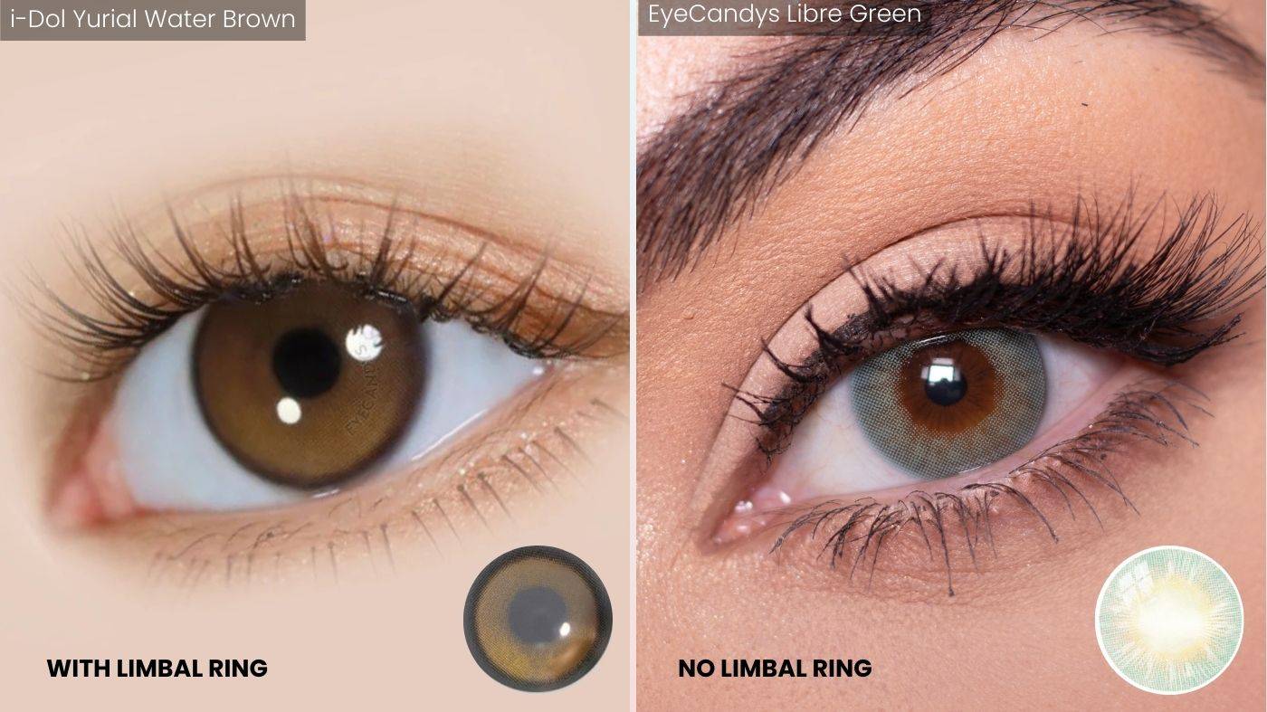 Side by side comparison of colored contact lenses with limbal ring and no limbal ring