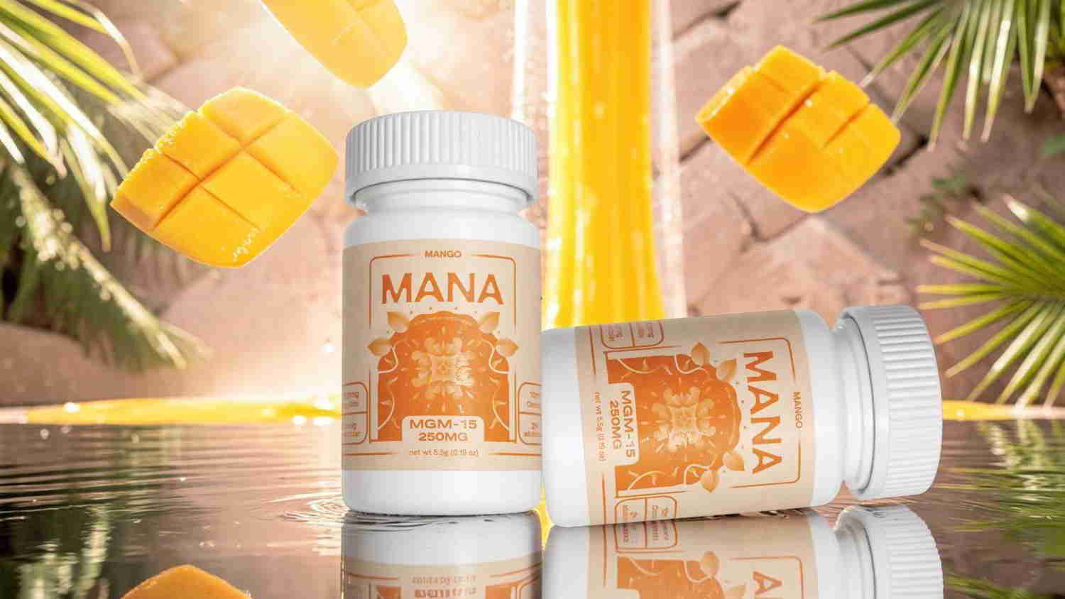 Two jars of Mana supplements with tropical background and floating mangoes.
