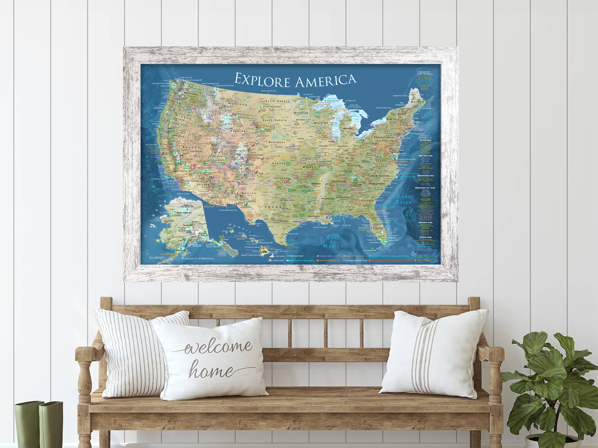 map of usa with whitewash frame