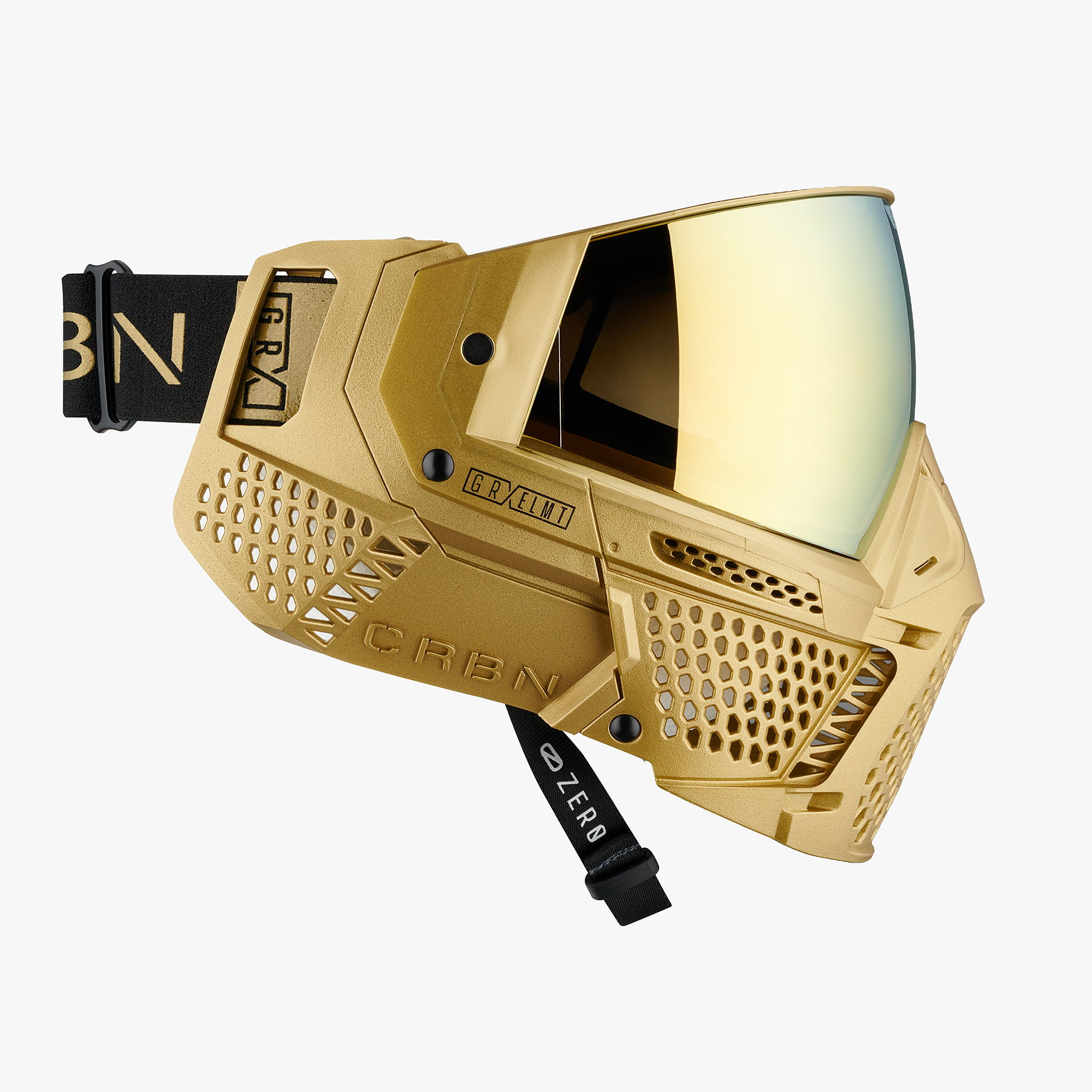 Gold paintball mask with a reflective lens and adjustable strap.