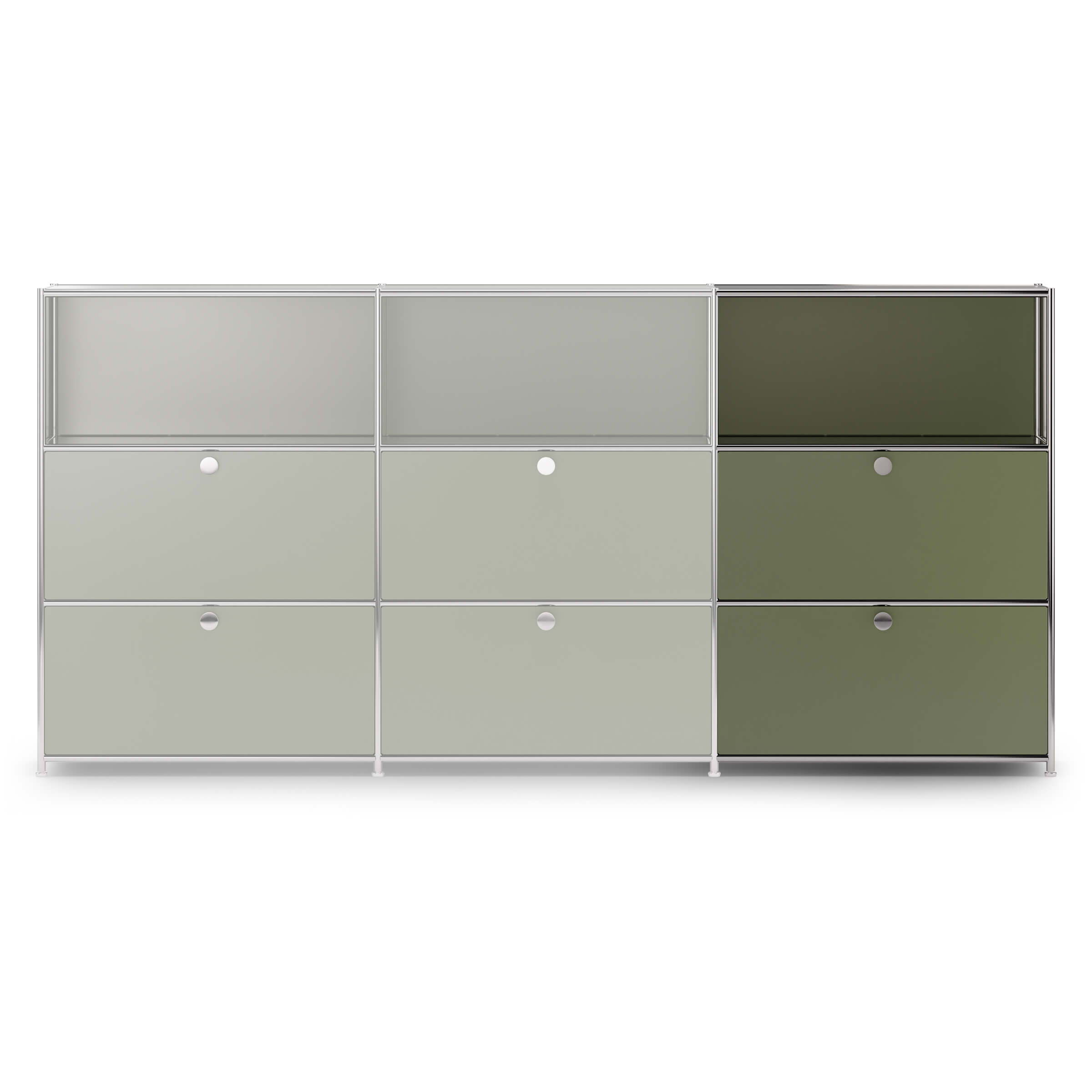 The " Cubox " Expansion Set on an ofinto " Cubox " three-tier sideboard in olive green
