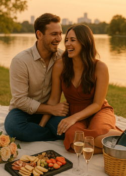 Couple enjoying a romantic lakeside picnic with food and champagne during an engagement at sunset.