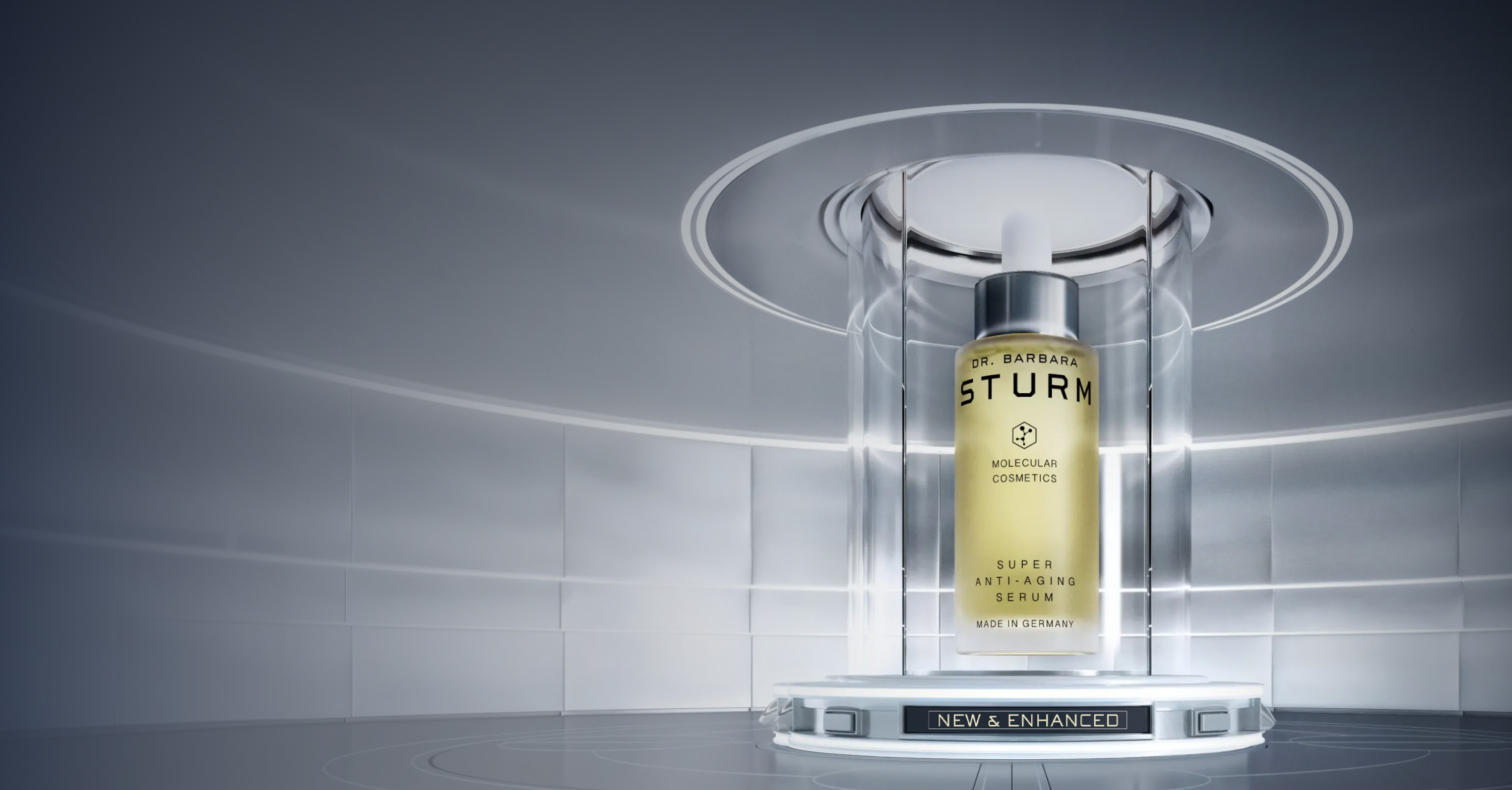 A perfume bottle displayed in a modern, illuminated showcase.