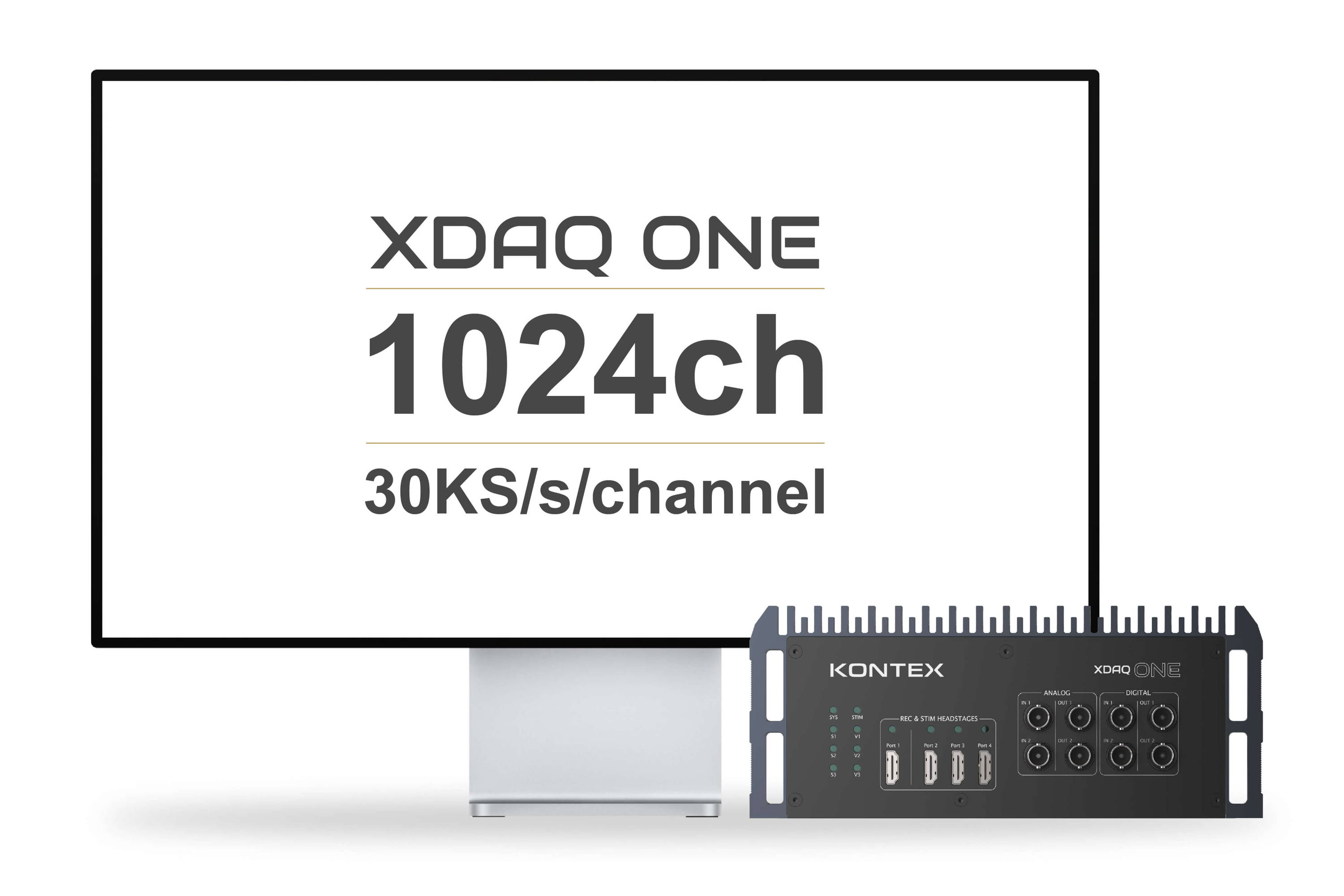 Xdaq ™ ONE is placed beside a desktop screen, which shows the 1024 channels at 30kS/s per chennel