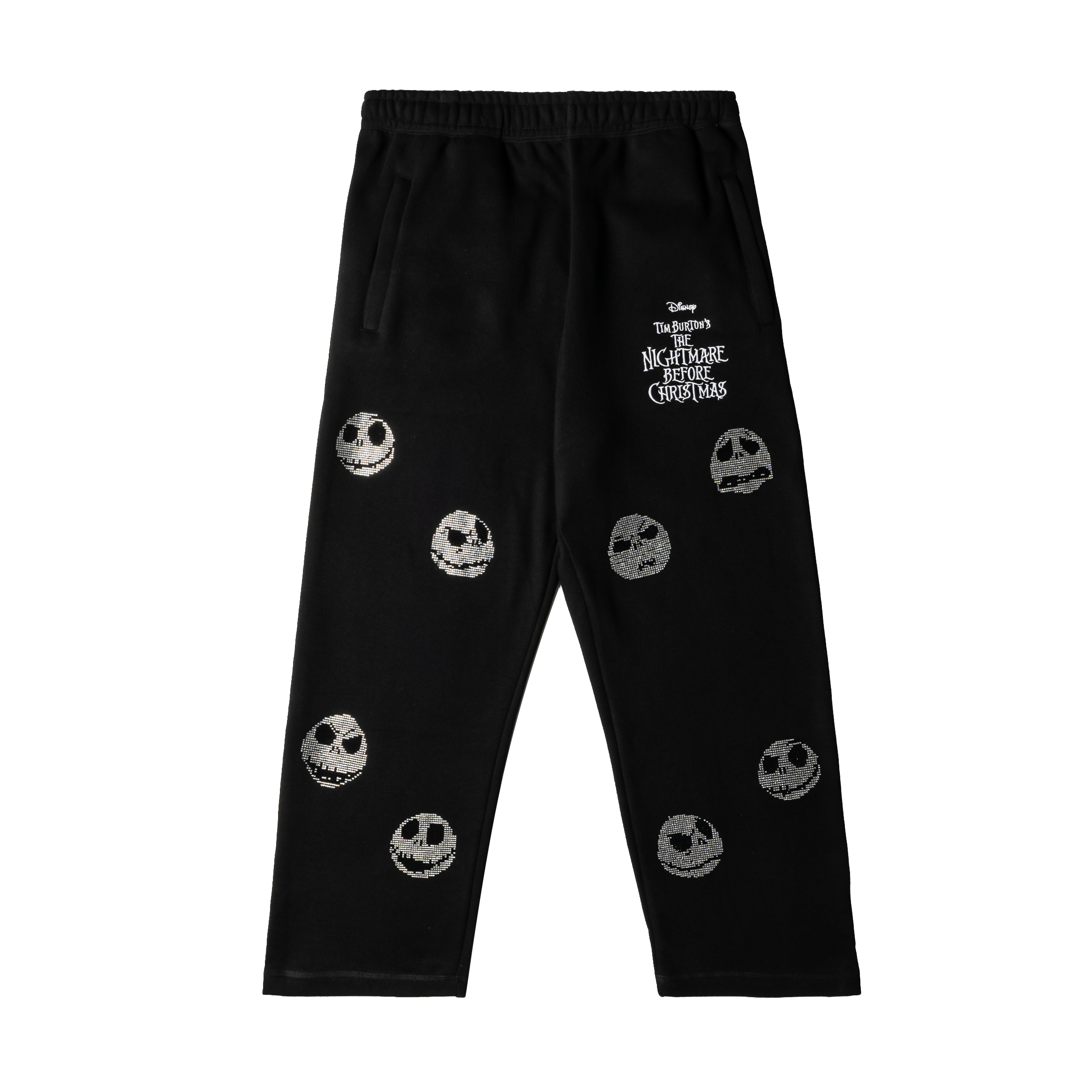 Black pants with Jack Skellington face patterns and text.