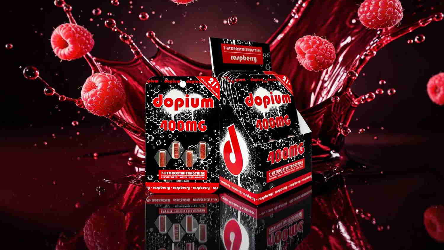 Boxes of Opium candies with raspberry splash background.