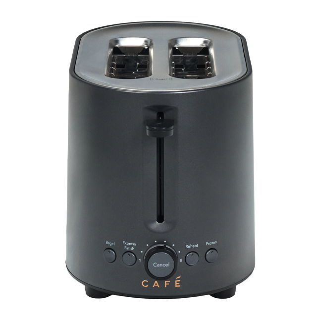 Black two-slice toaster with control knobs and 