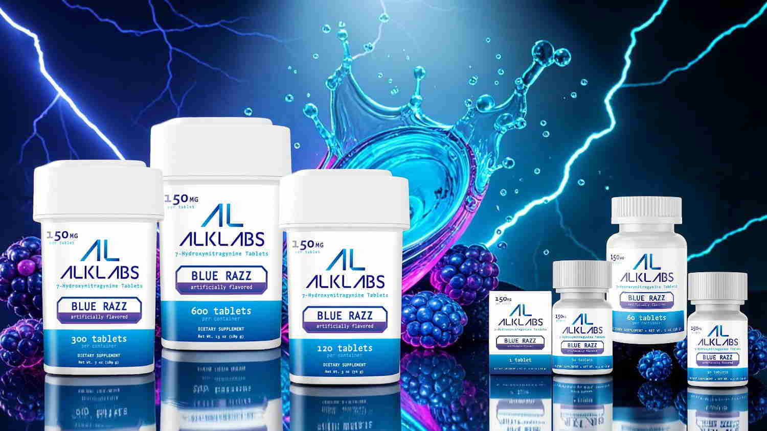 Various dietary supplement bottles against a blue, electrifying background.