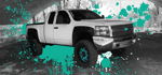 Caitlyn's lifted white Chevrolet Silverado with teal wheel accents and paint splatter effect under overpass photo 1