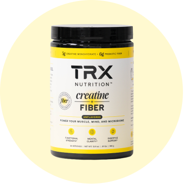 TRX Nutrition creatine fiber supplement container on a yellow background.