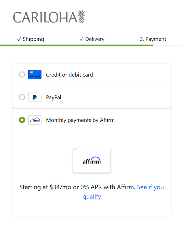 cariloha checkout with affirm as payment option