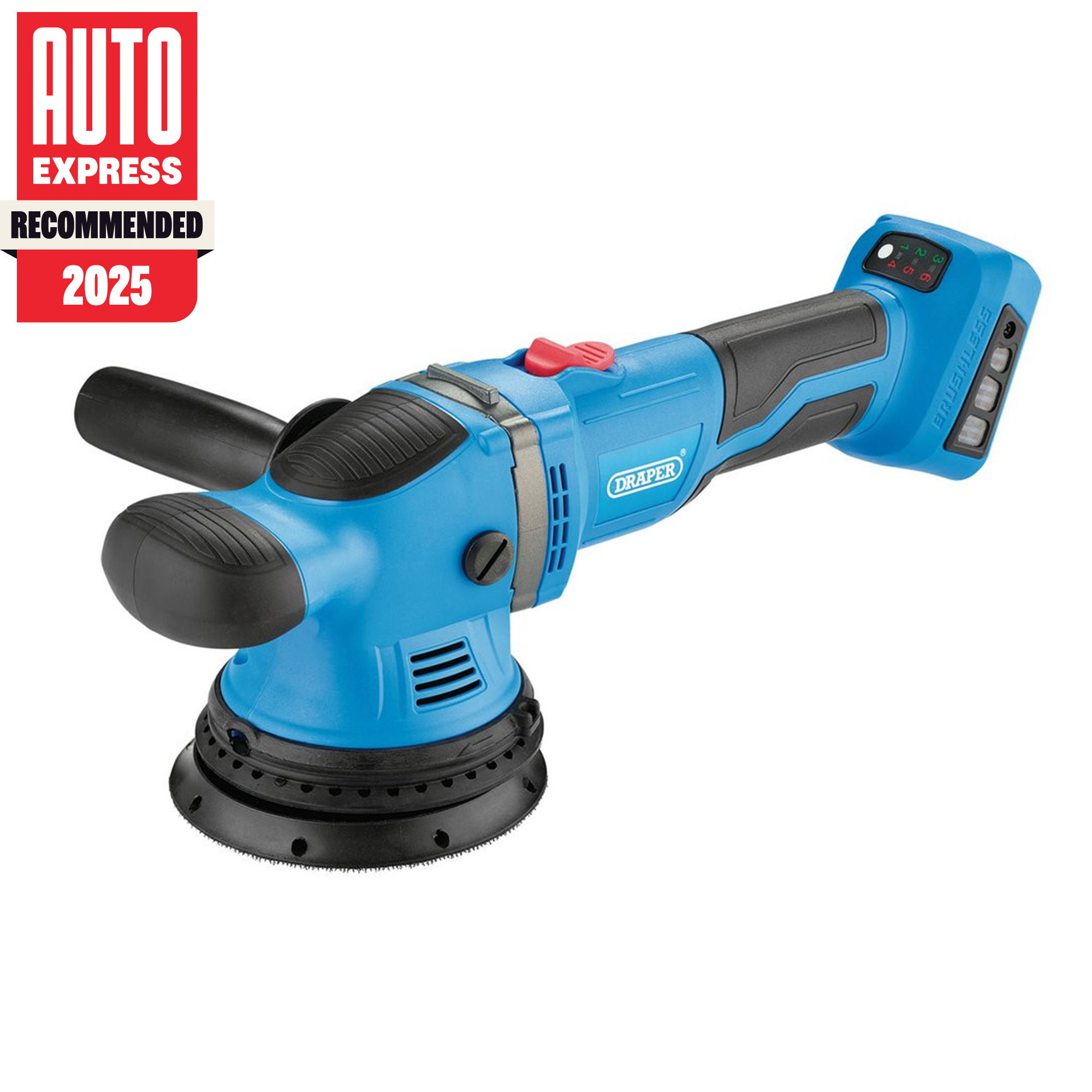 Blue cordless sander with ergonomic handles and circular sanding pad.