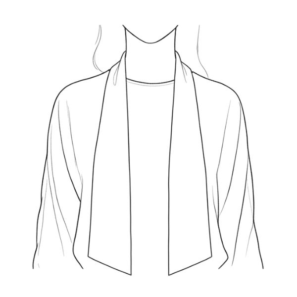 Fine-line illustration of a woman wearing a scarf draped over her shoulders, with two equal-length flat ends reaching the belly button