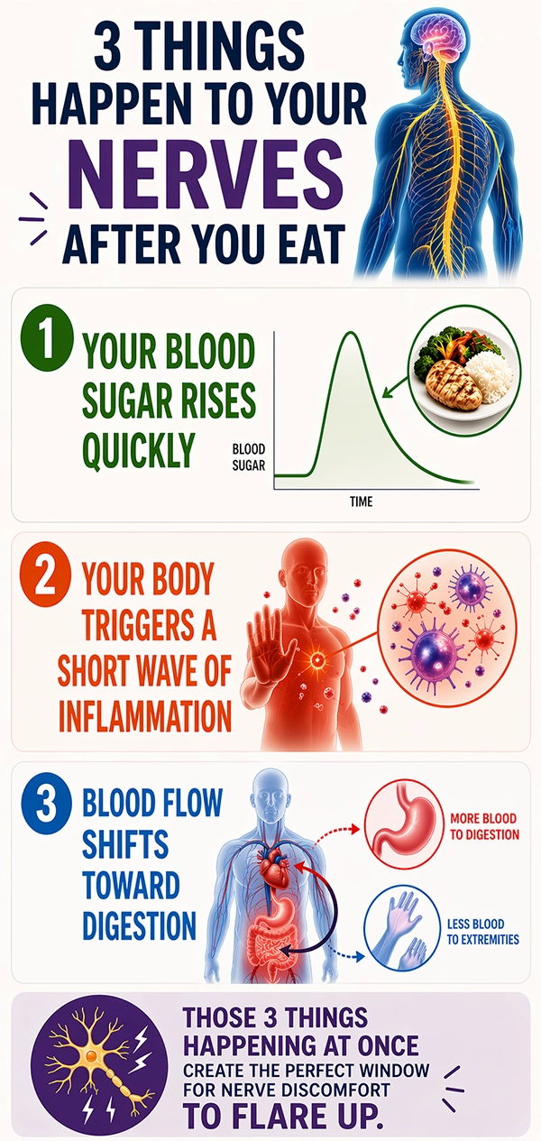 Infographic detailing effects on nerves after eating, including blood sugar and inflammation.