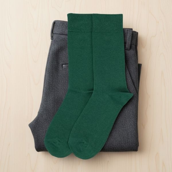 Men's dark green socks on top of a folded pair of charcoal dress pants