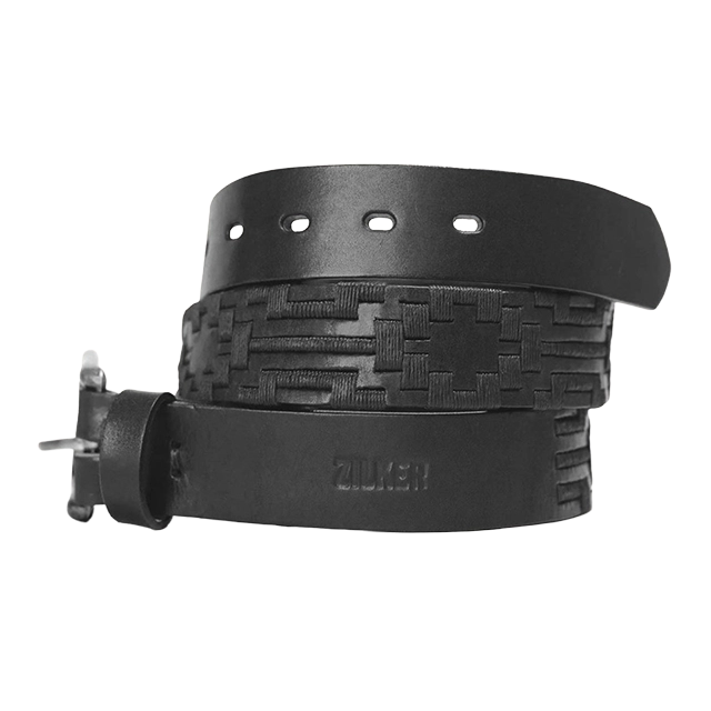 Black leather belt with textured design and metal buckle.