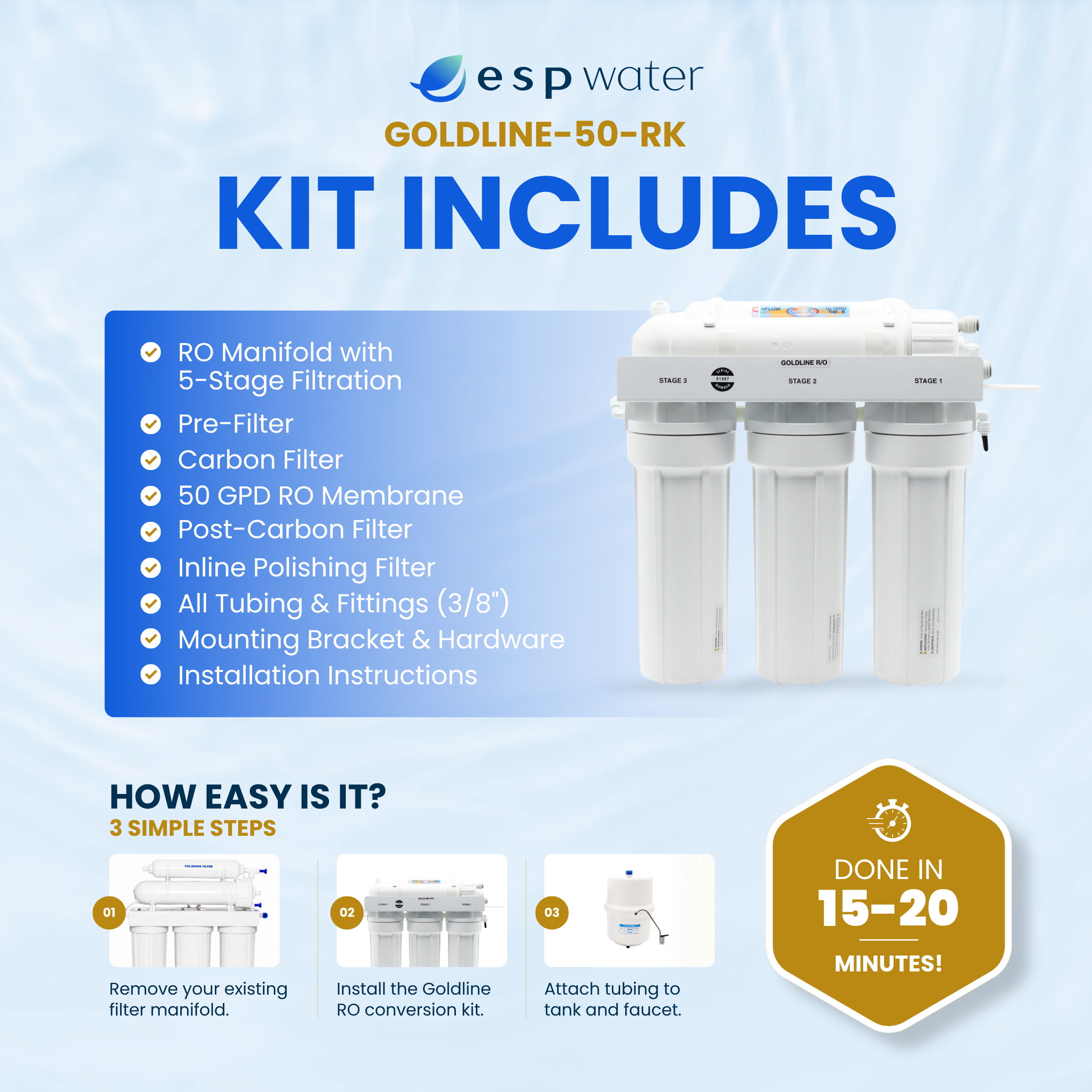 Water filter kit details including components and installation time.