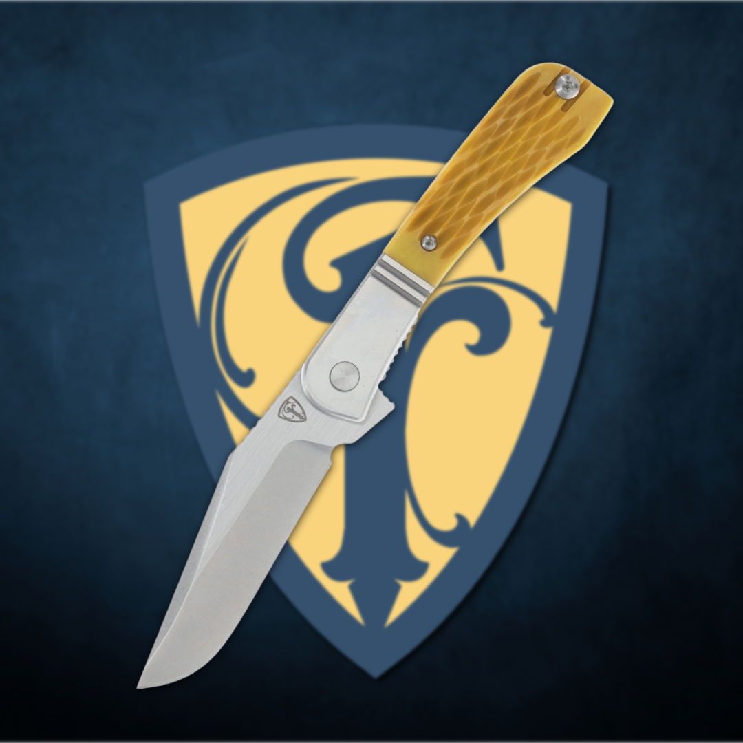 A knife with a yellow handle over a decorative shield background.