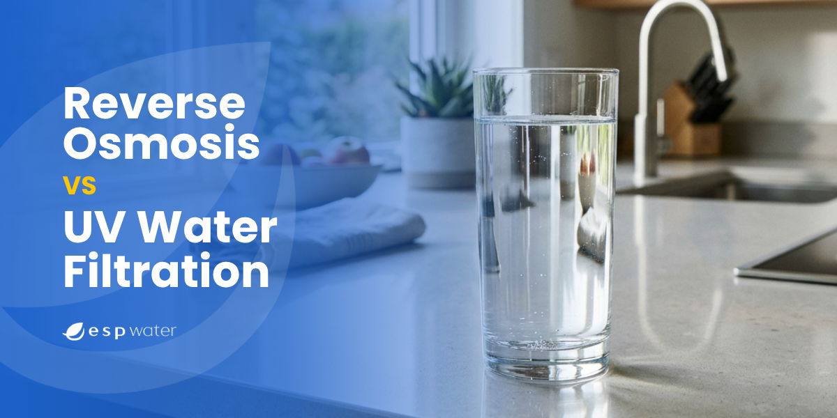 Glass of water on countertop with text about filtration methods.