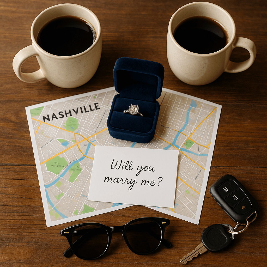 Flatlay of Nashville map with engagement ring, proposal note, coffee cups, sunglasses, and keys.