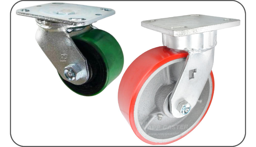 Red & Silver/Green & Black Polyurethane on iron swivel & rigid plate casters - Floor Protective, Non-marking, NSF Certified, Wide Industrial use