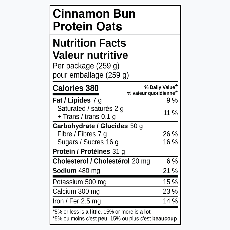 Nutrition facts label for Cinnamon Bun Protein Oats.