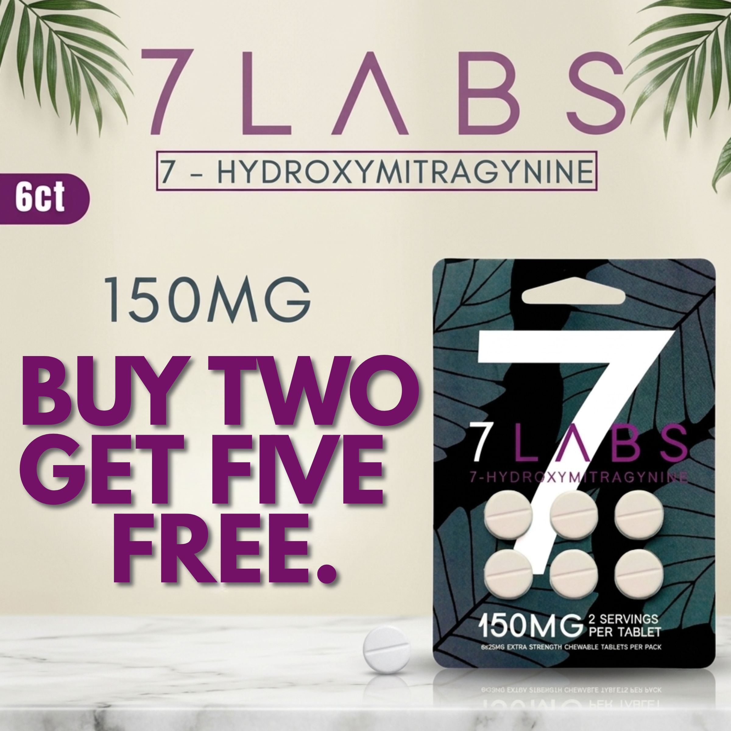 7 Labs 150mg Hydroxymitragynine product promotion with buy two, get five free offer.