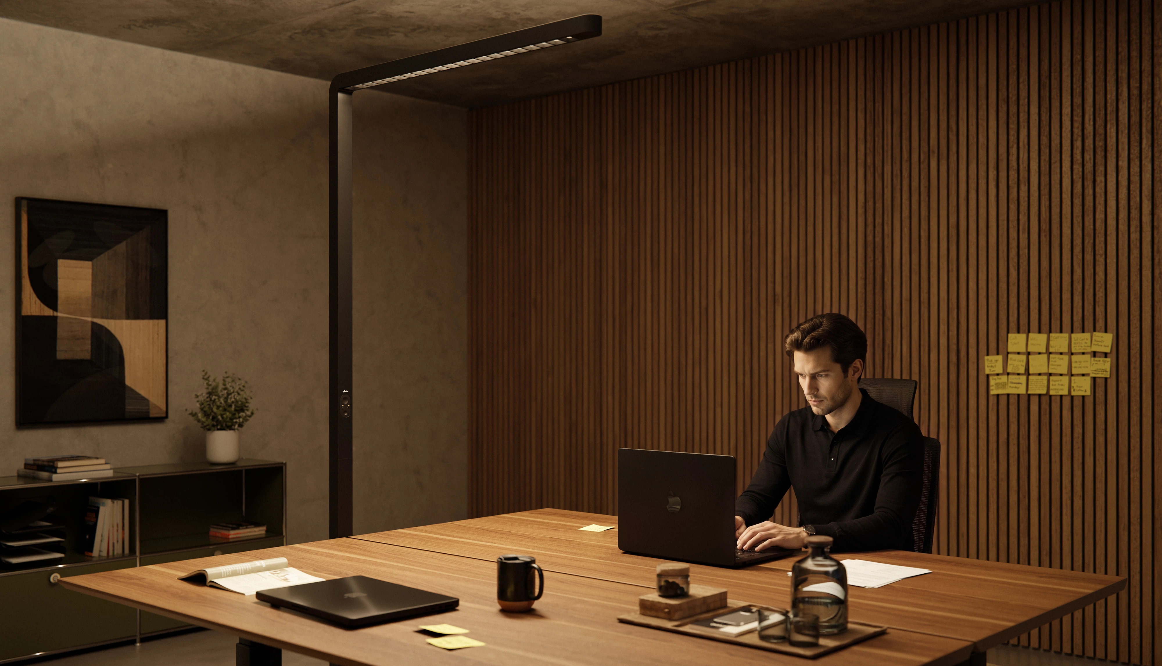 A black " Lumino " Pro office floor lamp illuminates a wooden desk with a man working on a laptop in a modern office.