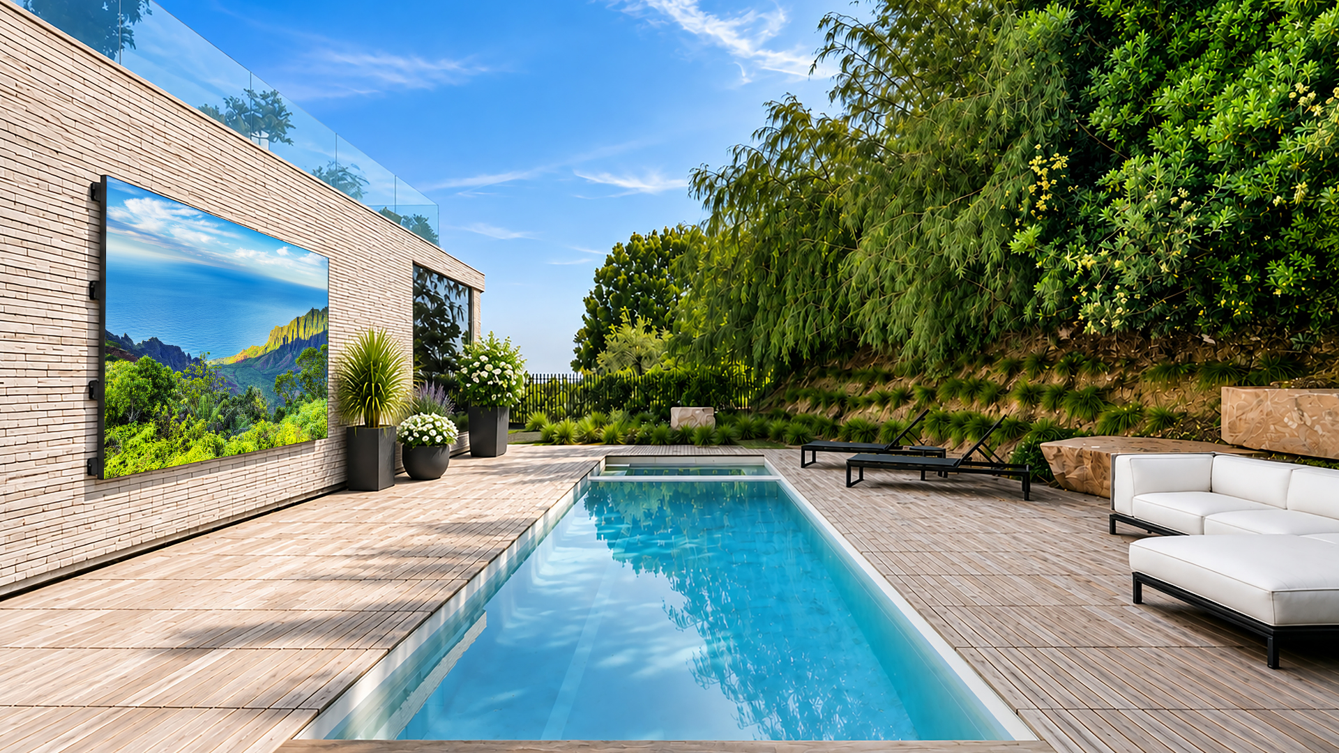 Modern outdoor space with a pool, lounge chairs, and outdoor dvLED display.