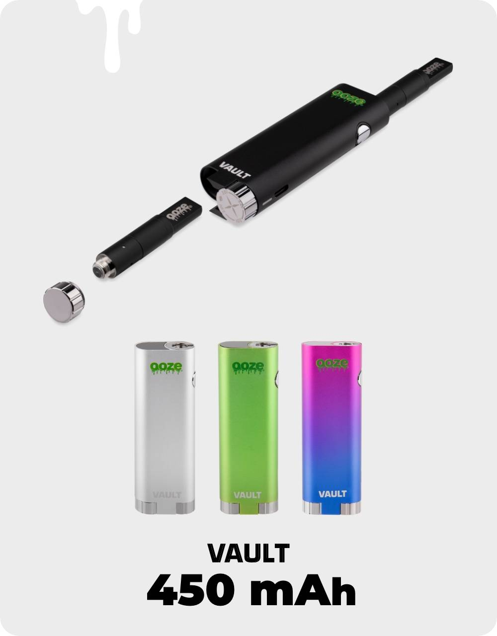 The 4 colors of the Ooze Vault vape pen battery are shown. The black Vault is shown at the top with the secret compartment opened to reveal the hidden atomizer. The bottom says 450 mAh.