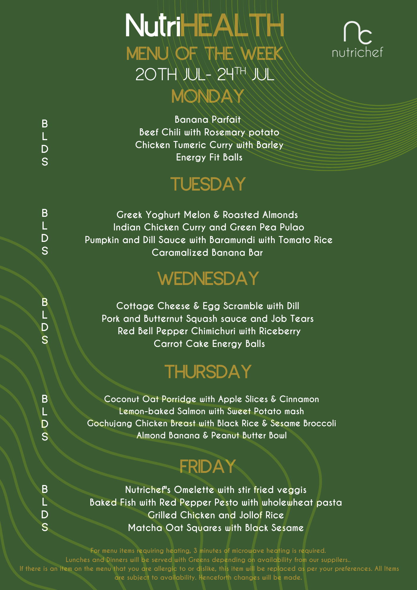 NutriHealth weekly menu of the week - balanced breakfast, lunch and dinner meals
