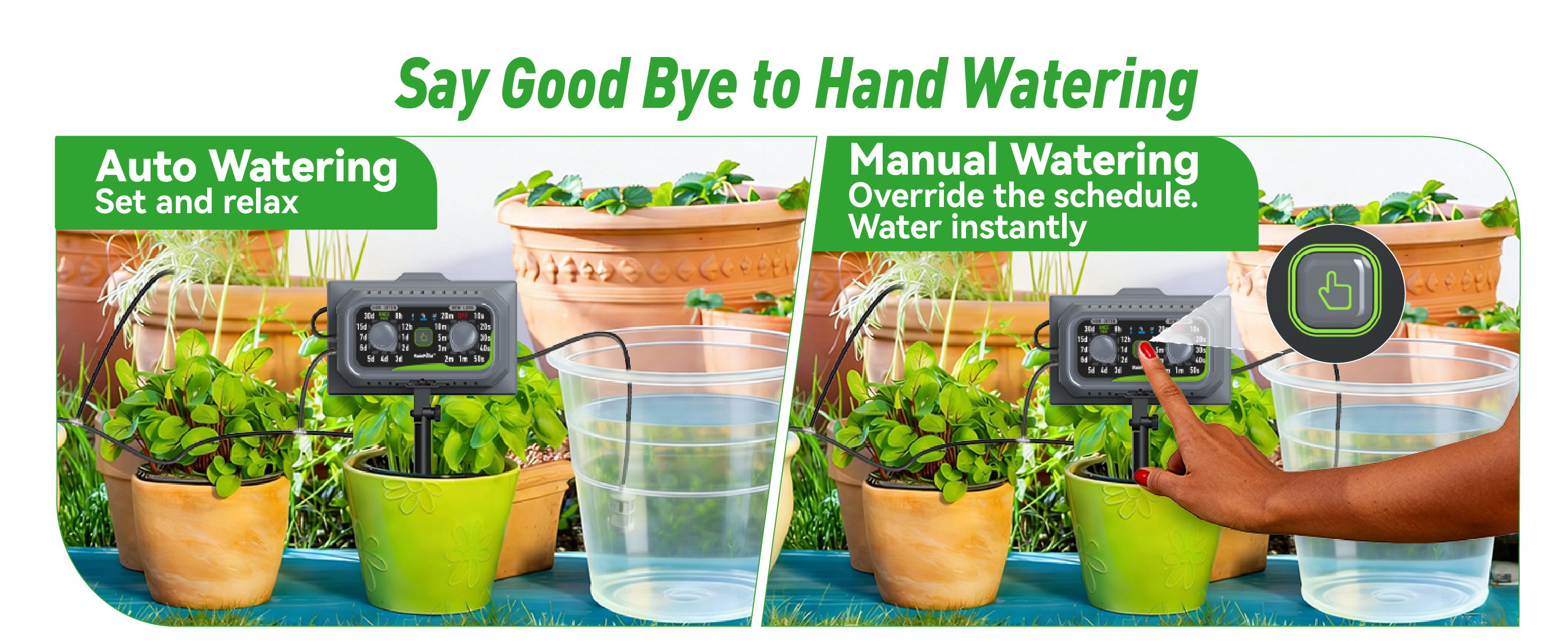 Image comparing automatic and manual plant watering methods.