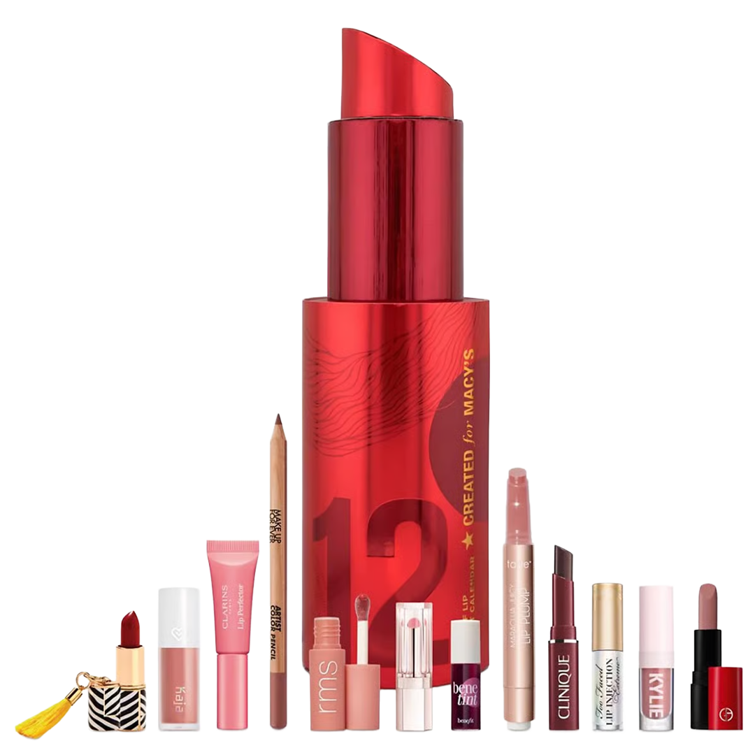 Collection of various lip products arranged around a large red lipstick tube.