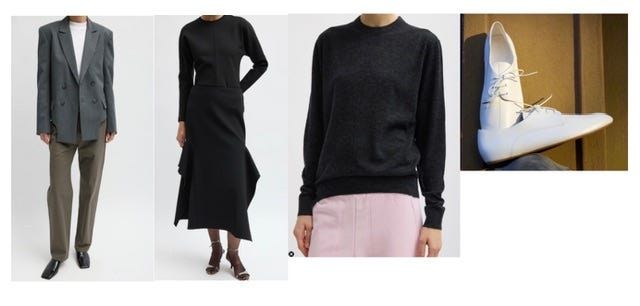 Fashionable outfits including a suit, dress, sweater, and sneaker.