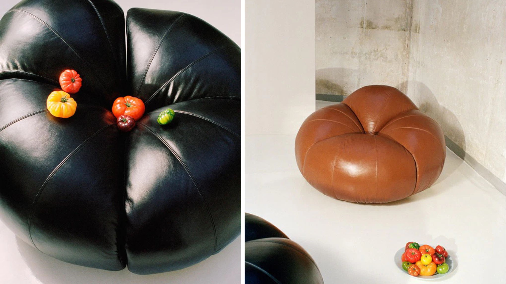 Two unique poufs, one black and one brown, with colorful decorative items.